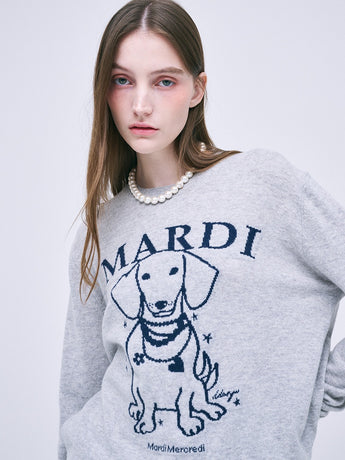CASHMERE CREW NECK SWING THE TAIL DDANJI PEARL NECKLACE_HEATHER BLUE