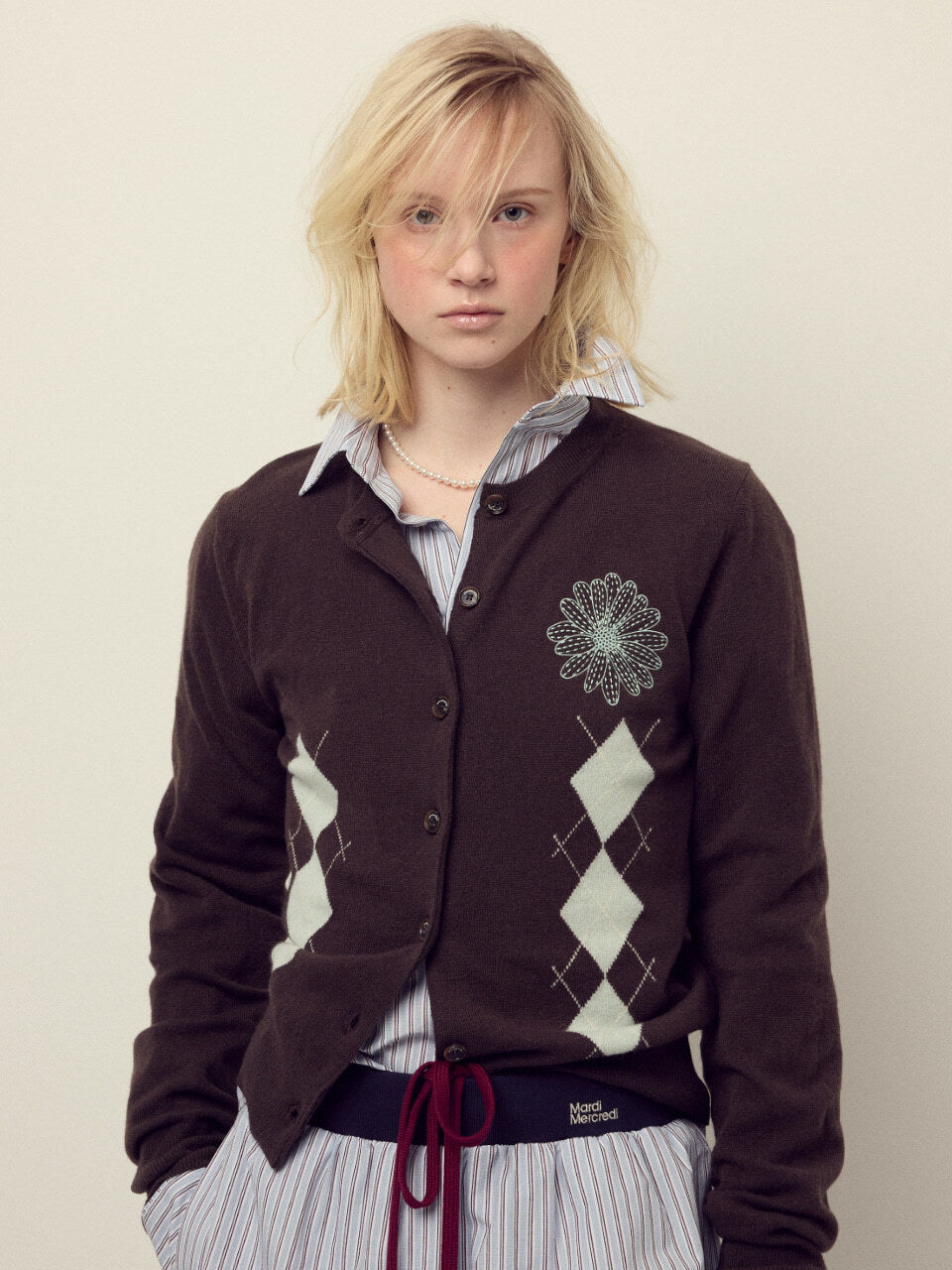 CASHMERE BLENDED CARDIGAN ROUND NECK ARGYLE_BROWN MINT