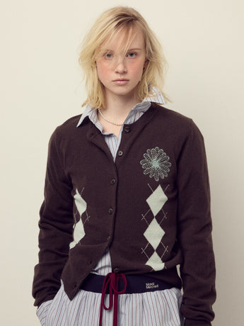 CASHMERE BLENDED CARDIGAN ROUND NECK ARGYLE_BROWN MINT