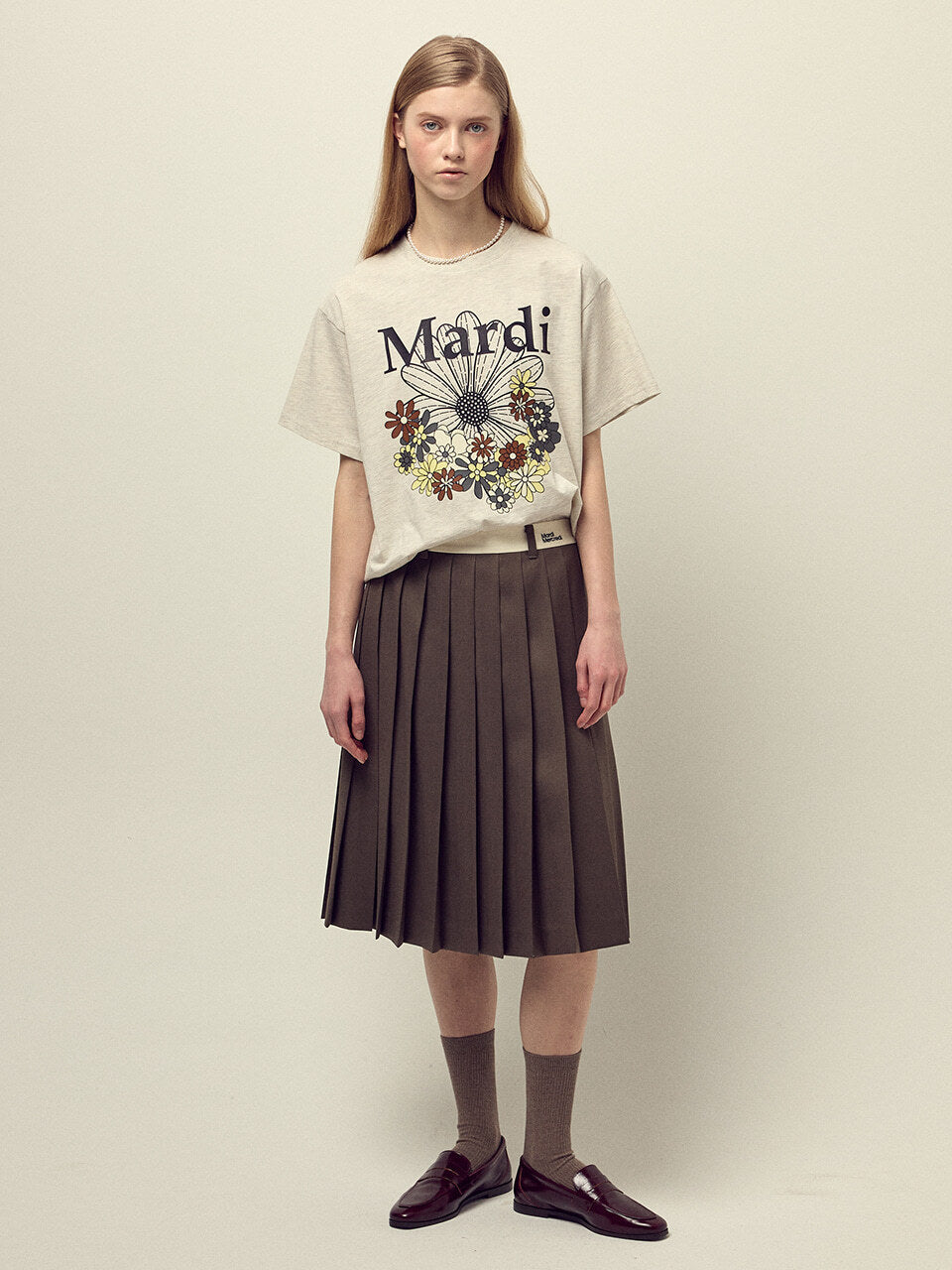 WOOL PLEATED MIDI SKIRT CONTRAST WAISTBAND_BROWN