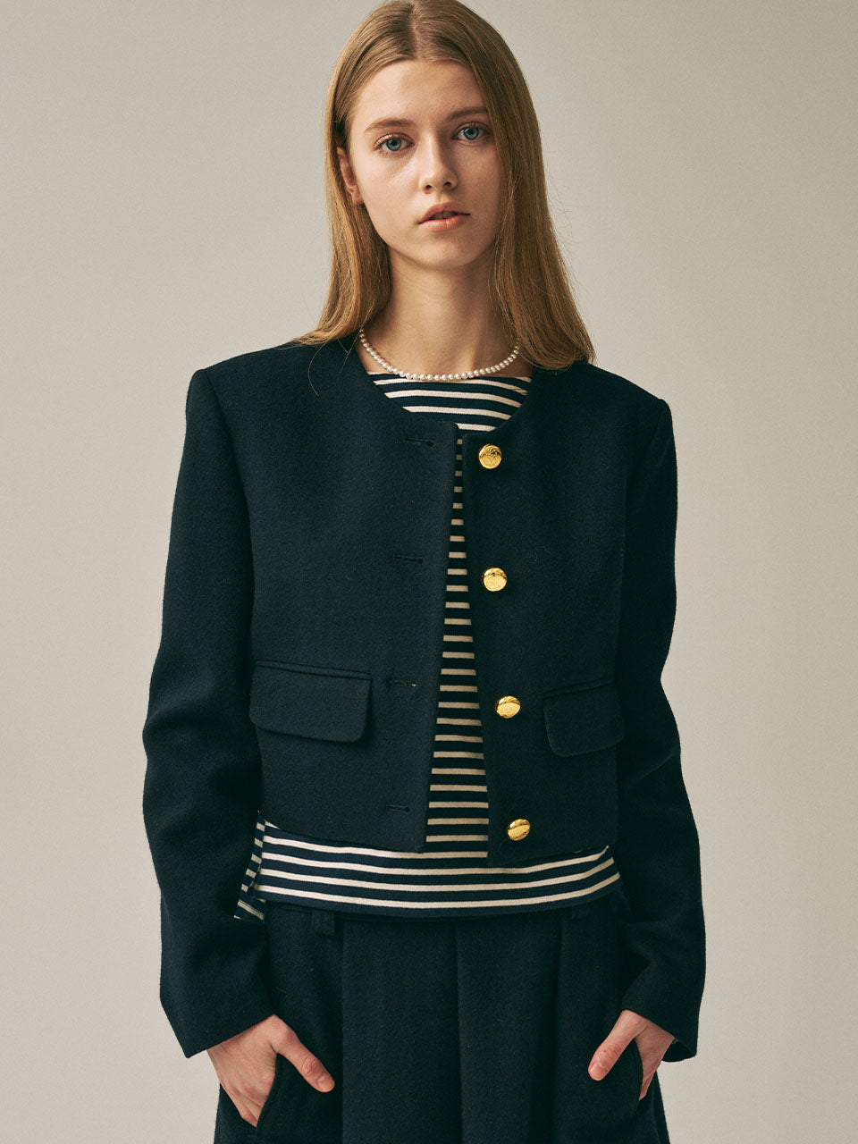 WOOL CROPPED JACKET ROUND NECK_NAVY