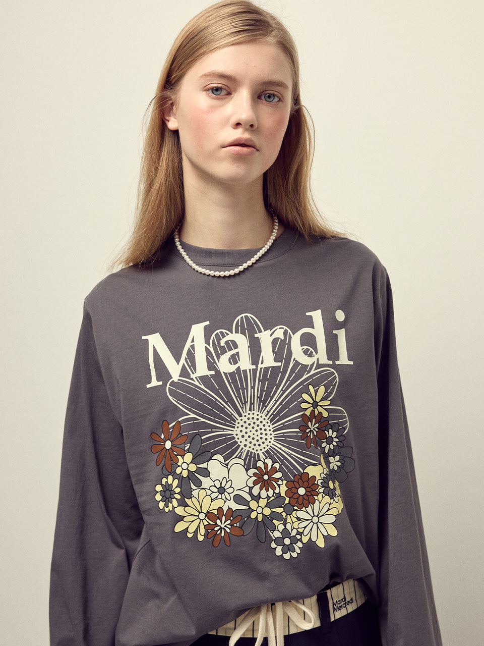 TSHIRT LONG SLEEVE FLOWERMARDI JARDIN_CHARCOAL IVORY