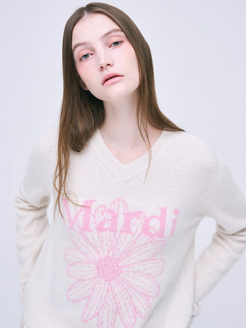 RACCOON BLENDED V NECK FLOWERMARDI_IVORY PINK
