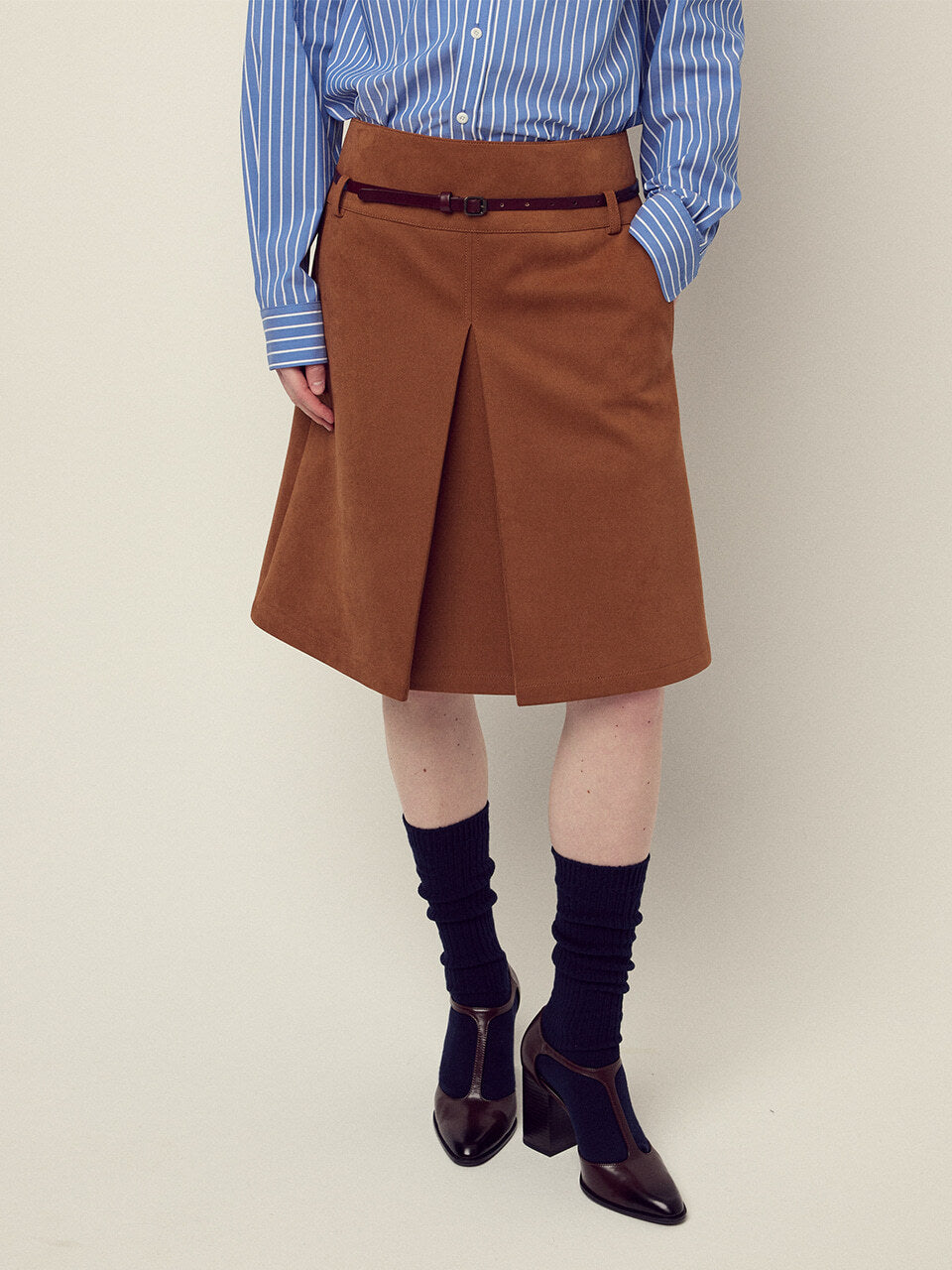 SUEDE A LINE MIDI SKIRT_CAMEL