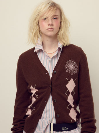CASHMERE BLENDED CARDIGAN V NECK ARGYLE_CHOCOLATE PINK