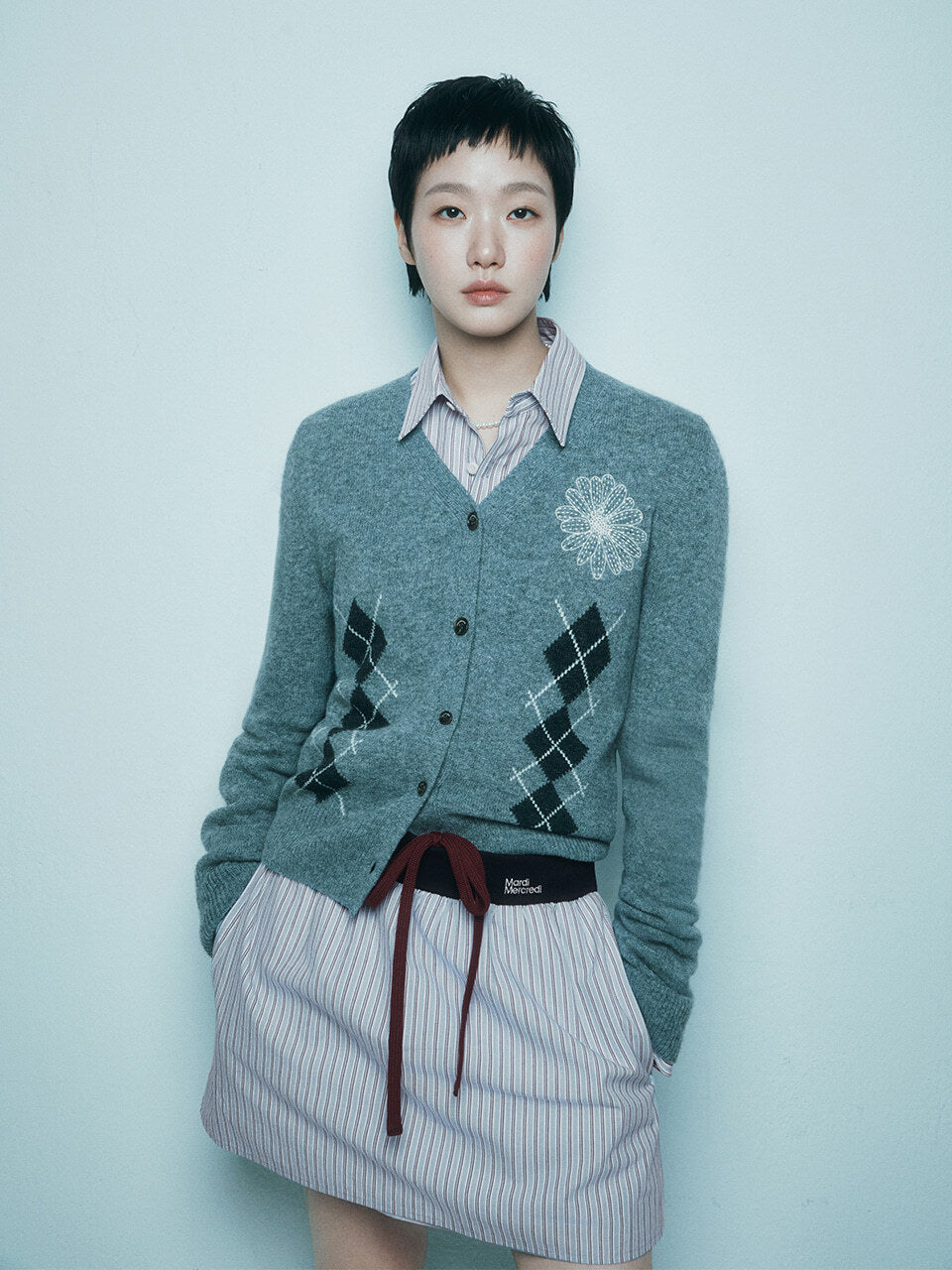 CASHMERE BLENDED CARDIGAN V NECK ARGYLE_GREY CREAM