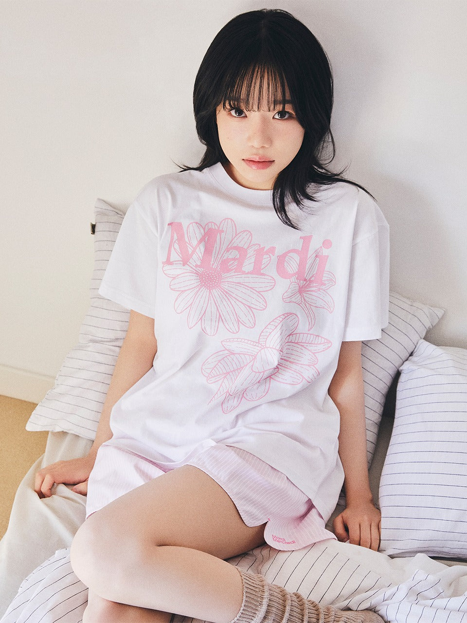 TSHIRT TRIPLE FLOWER_WHITE PINK
