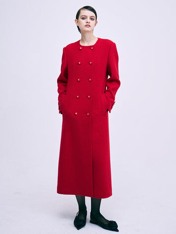 WOOL DOUBLE MAXI COAT COLLARLESS_RED