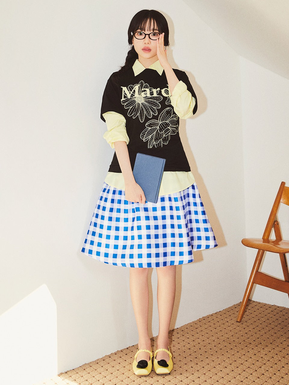 VOLUME MIDI SKIRT MICADO GINGHAM PLAID_BLUE