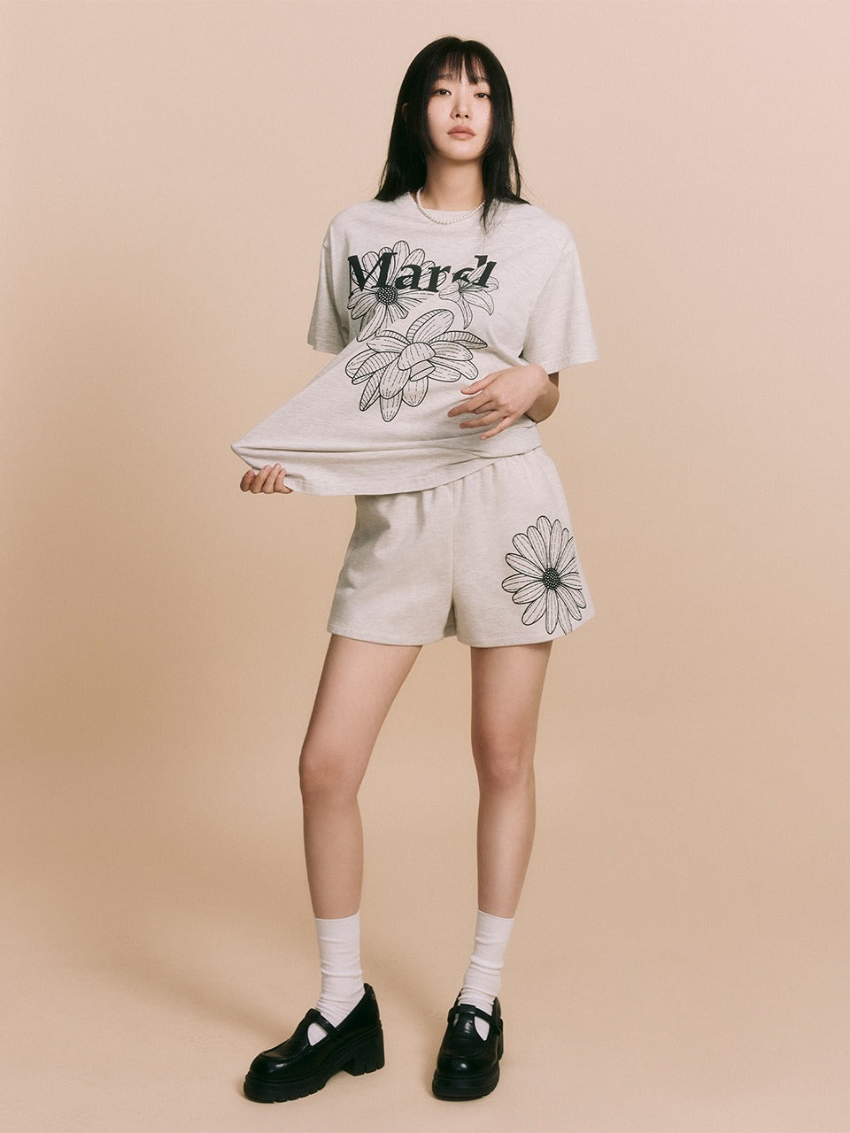 SWEAT SHORTS FLOWER_OATMEAL BLACK