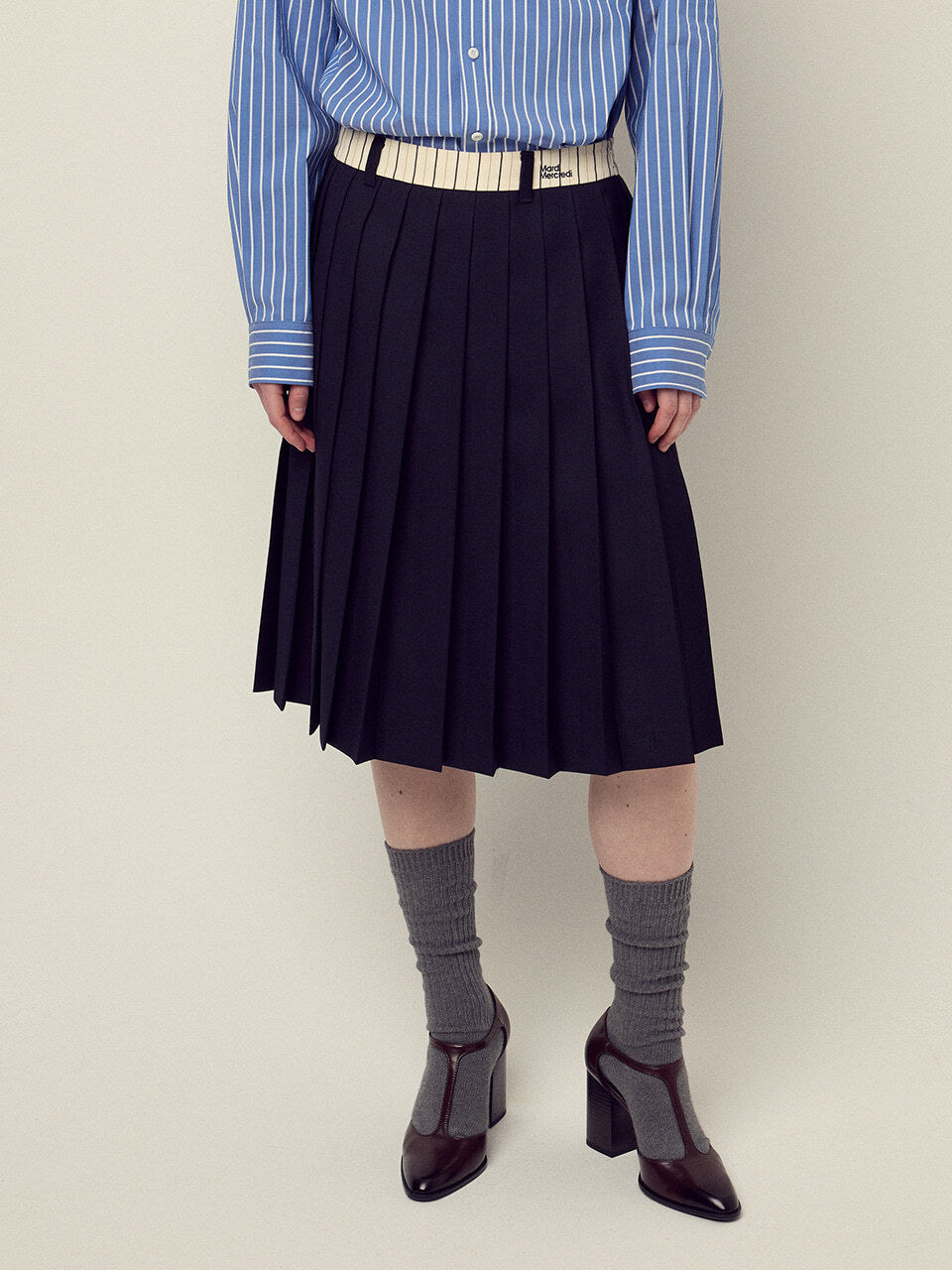 WOOL PLEATED MIDI SKIRT CONTRAST WAISTBAND_NAVY