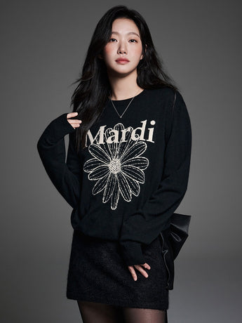 CASHMERE CREW NECK FLOWERMARDI_BLACK CREAM