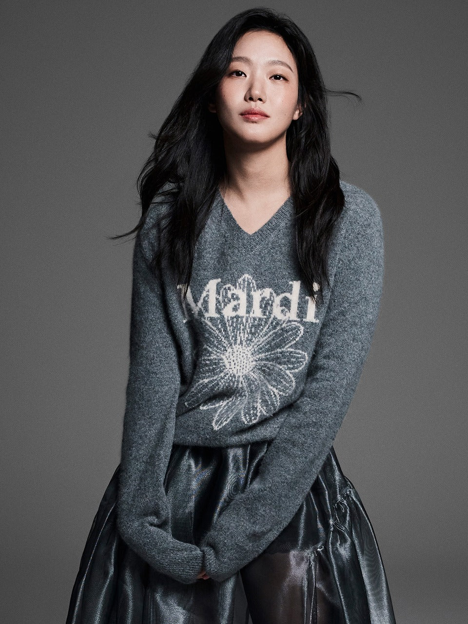 RACCOON BLENDED V NECK FLOWERMARDI_GREY IVORY