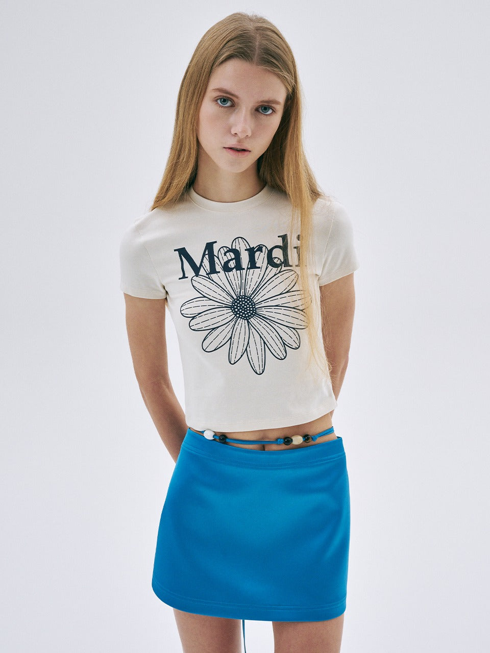 CROPPED TSHIRT FLOWERMARDI_CREAM NAVY