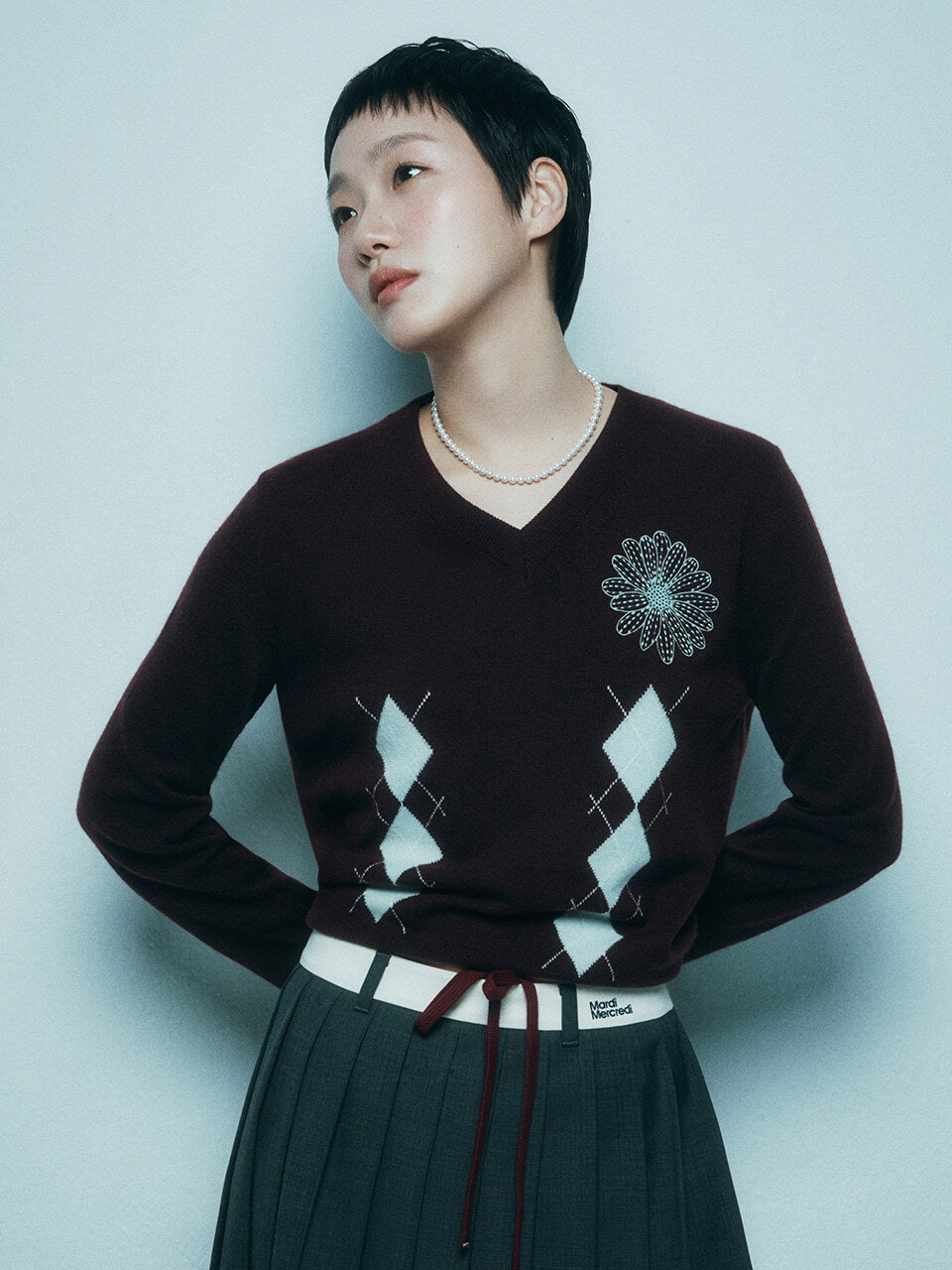CASHMERE BLENDED V NECK ARGYLE_BURGUNDY MINT