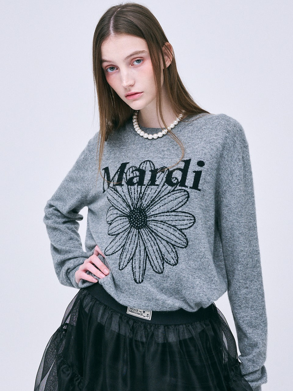 CASHMERE CREW NECK FLOWERMARDI_GREY BLACK
