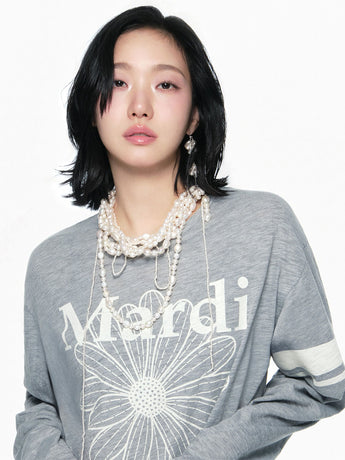 SLUB COTTON RELAXED TSHIRT LONG SLEEVE FLOWERMARDI_GREY IVORY