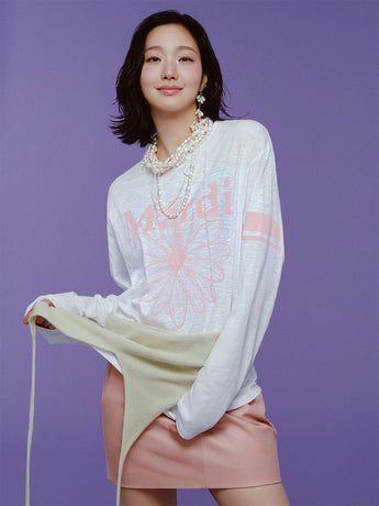 SLUB COTTON RELAXED TSHIRT LONG SLEEVE FLOWERMARDI_WHITE PALEPINK