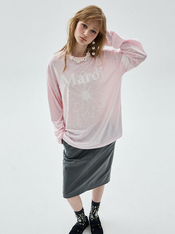 SLUB COTTON RELAXED TSHIRT LONG SLEEVE FLOWERMARDI_LIGHTPINK WHITE