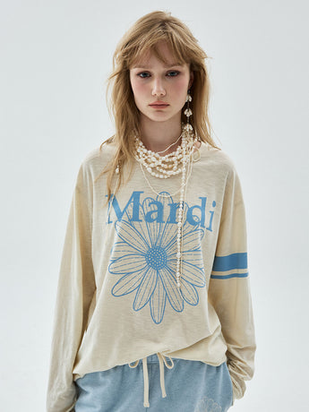 SLUB COTTON RELAXED TSHIRT LONG SLEEVE FLOWERMARDI_CREAM ASHBLUE