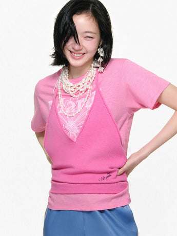 SLUB COTTON RELAXED TSHIRT FLOWERMARDI_PINK WHITE