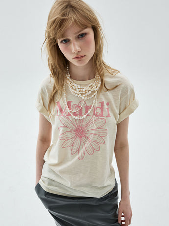 SLUB COTTON RELAXED TSHIRT FLOWERMARDI_CREAM INDIPINK