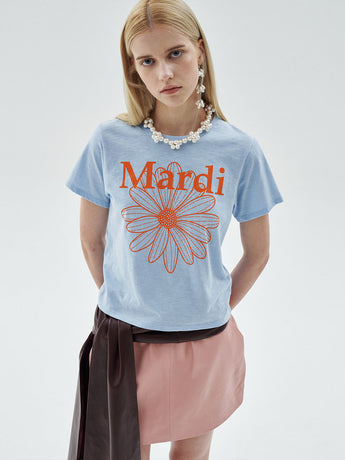 SLUB COTTON SLIM TSHIRT FLOWERMARDI_SKY ORANGE