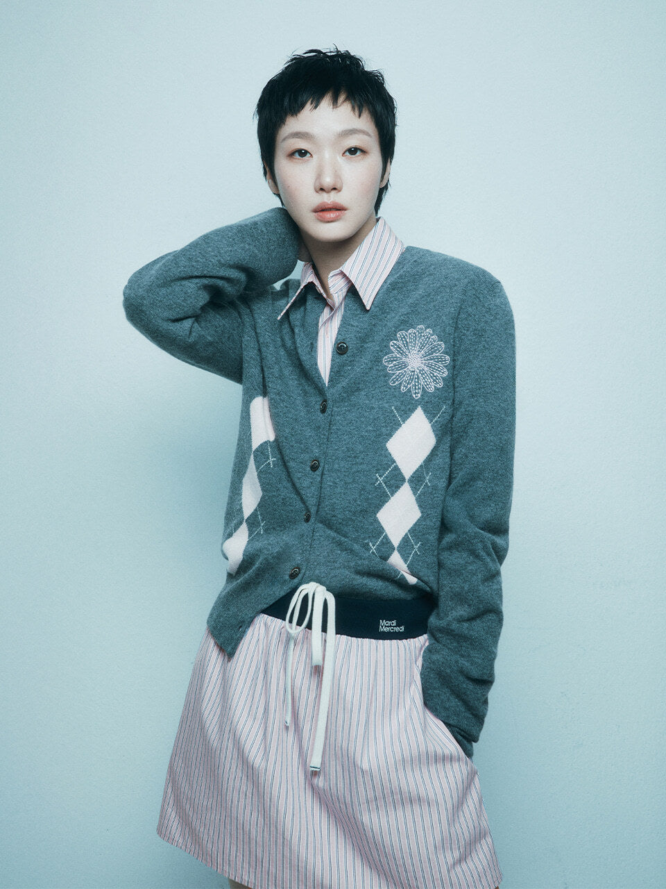 CASHMERE BLENDED CARDIGAN ROUND NECK ARGYLE_DEEPGREY PINK