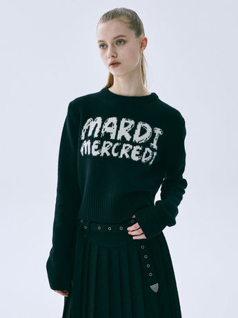 CASHMERE CROPPED ROUND NECK BRUSH LOGO CONTRAST_BLACK IVORY