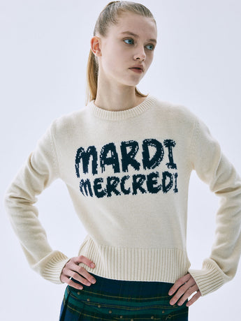 CASHMERE CROPPED ROUND NECK BRUSH LOGO CONTRAST_CREAM NAVY