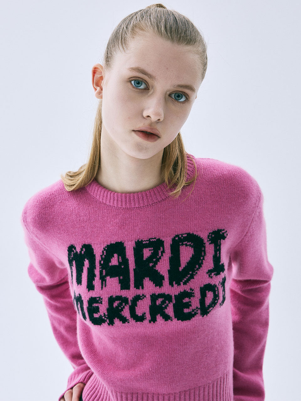 CASHMERE CROPPED ROUND NECK BRUSH LOGO CONTRAST_PINK BLACK