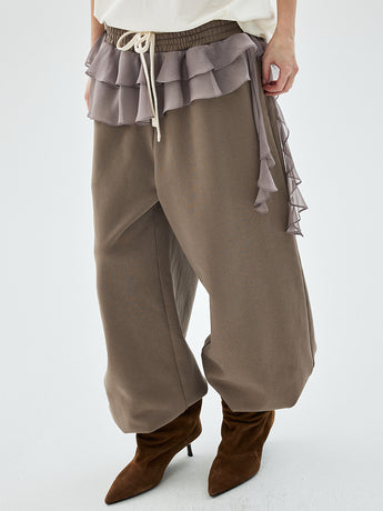 CHIFFON LAYERED JOGGER PANTS FRILL_TAUPE