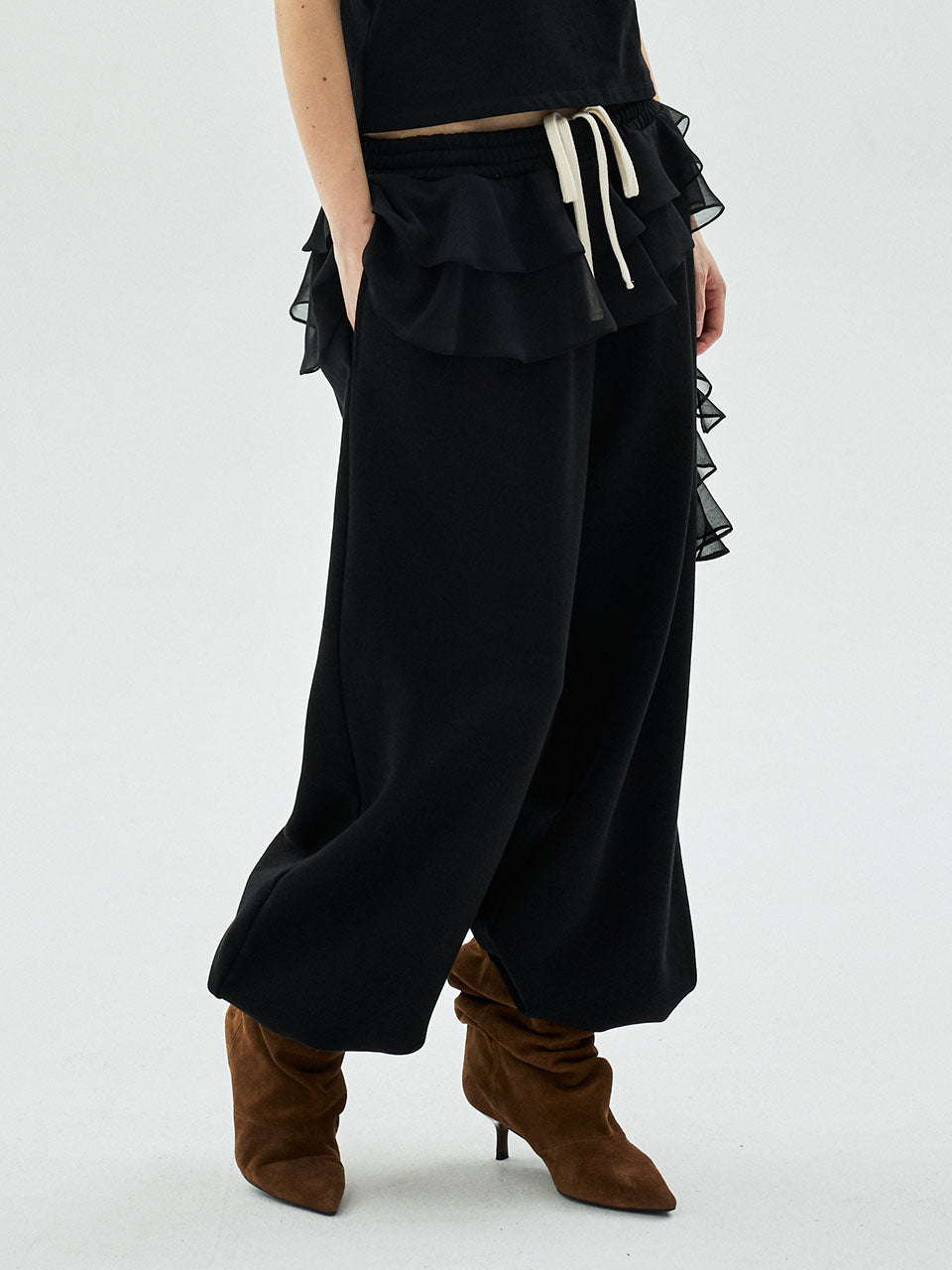 CHIFFON LAYERED JOGGER PANTS FRILL_BLACK