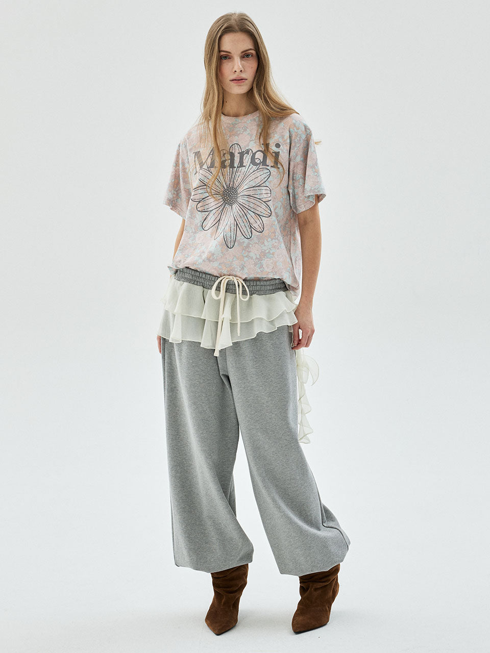 CHIFFON LAYERED JOGGER PANTS FRILL_GREY