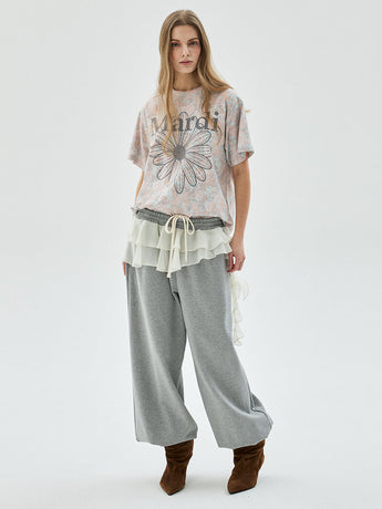CHIFFON LAYERED JOGGER PANTS FRILL_GREY