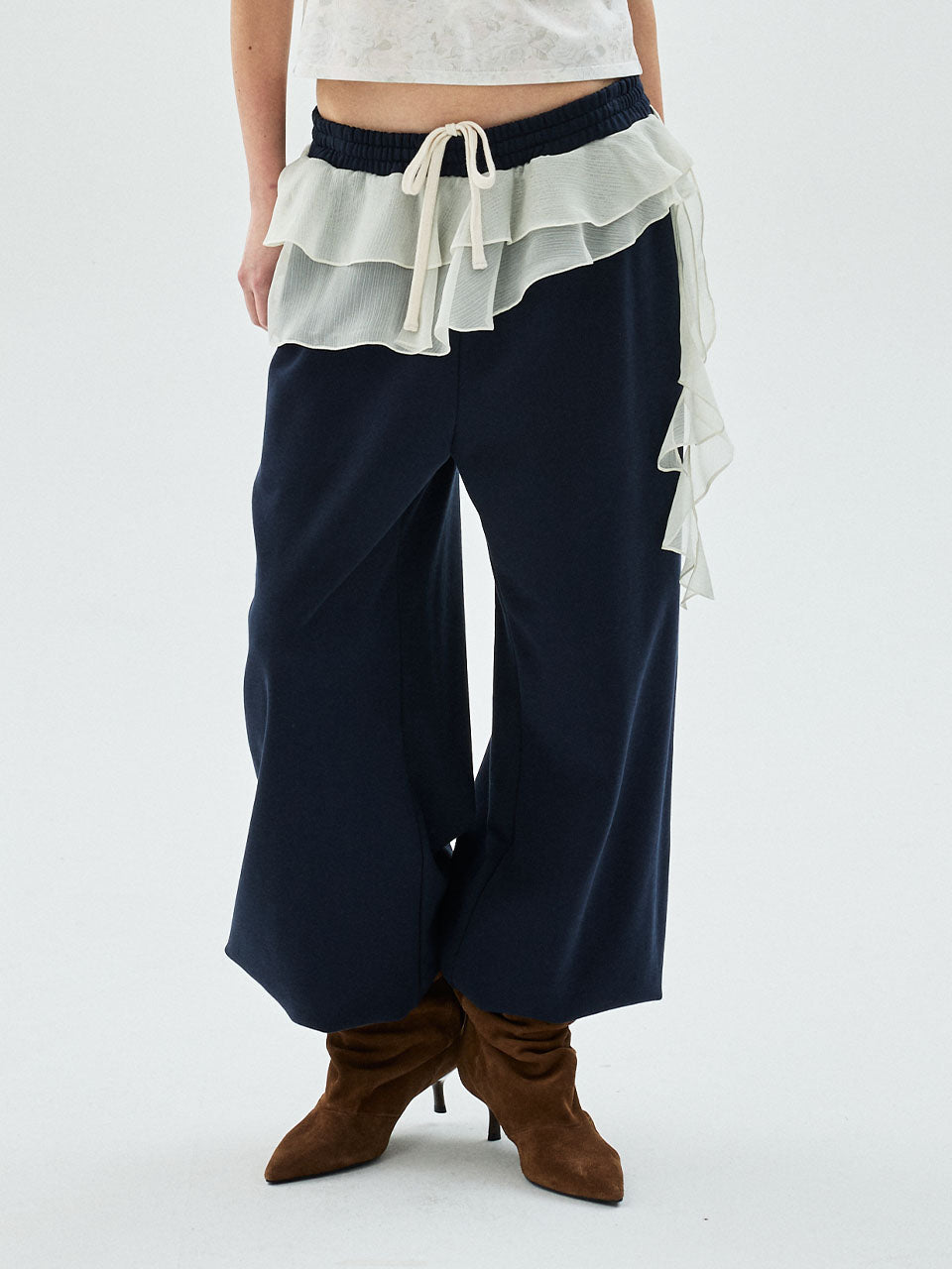 CHIFFON LAYERED JOGGER PANTS FRILL_NAVY