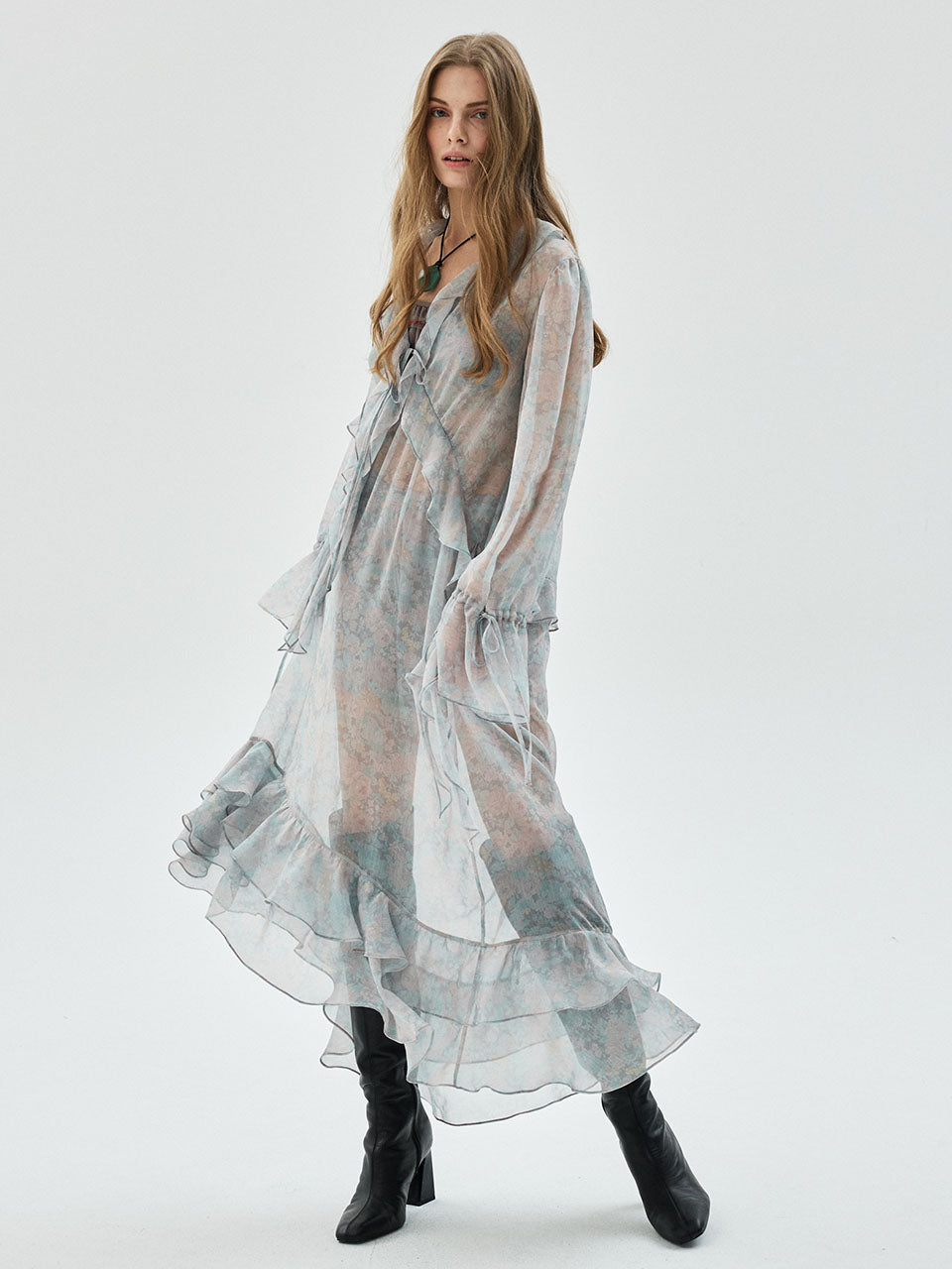 CHIFFON MAXI DRESS FLEUR FRILL_PINK