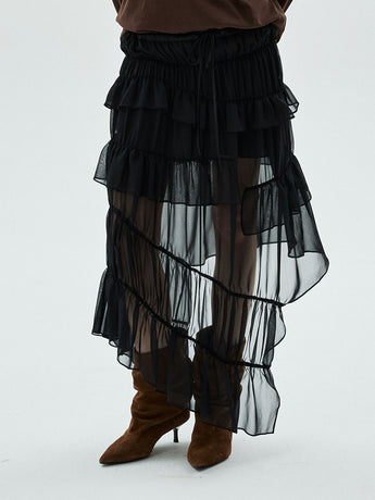 CHIFFON MAXI SKIRT FRILL_BLACK