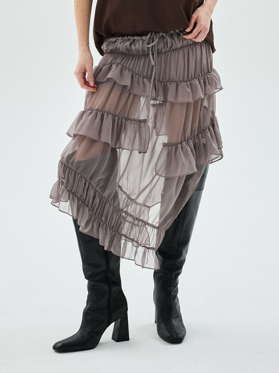 CHIFFON MIDI SKIRT FRILL_TAUPE