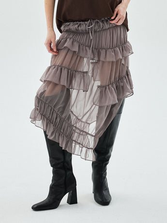 CHIFFON MIDI SKIRT FRILL_TAUPE