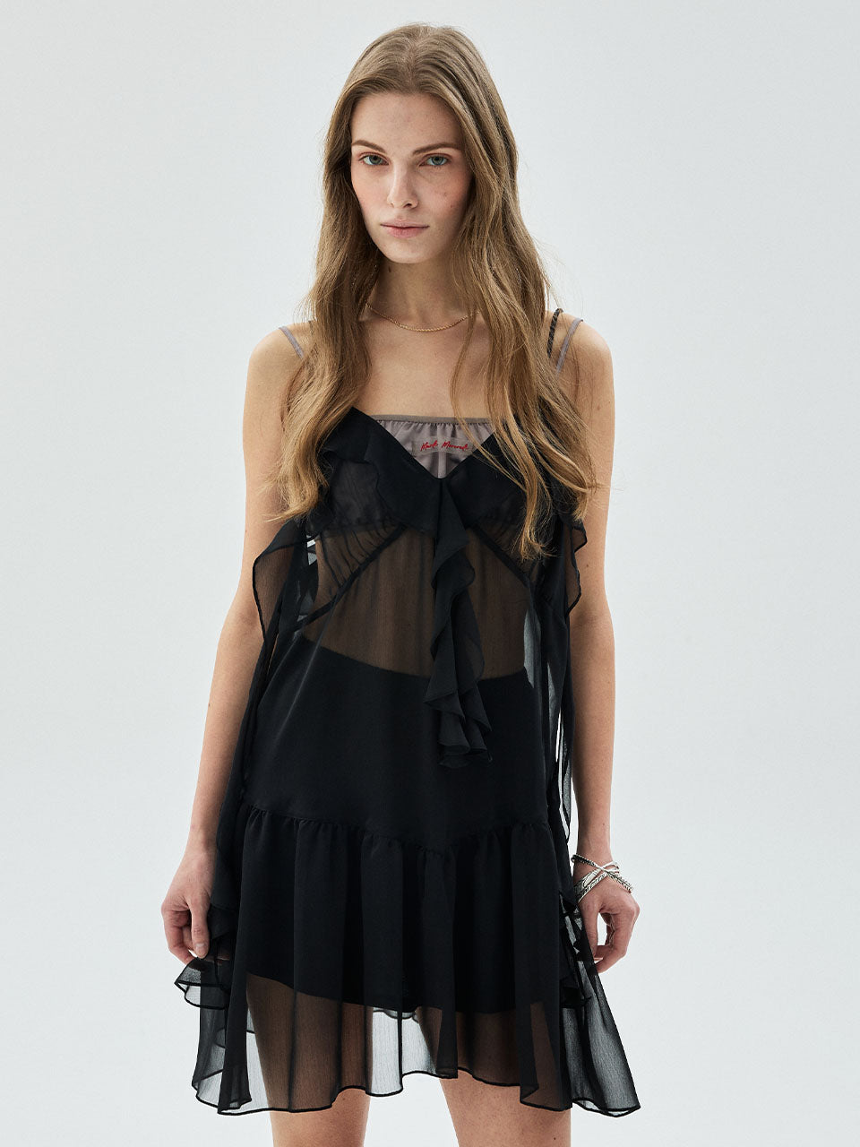 CHIFFON MINI SLEEVELESS DRESS FRILL_BLACK