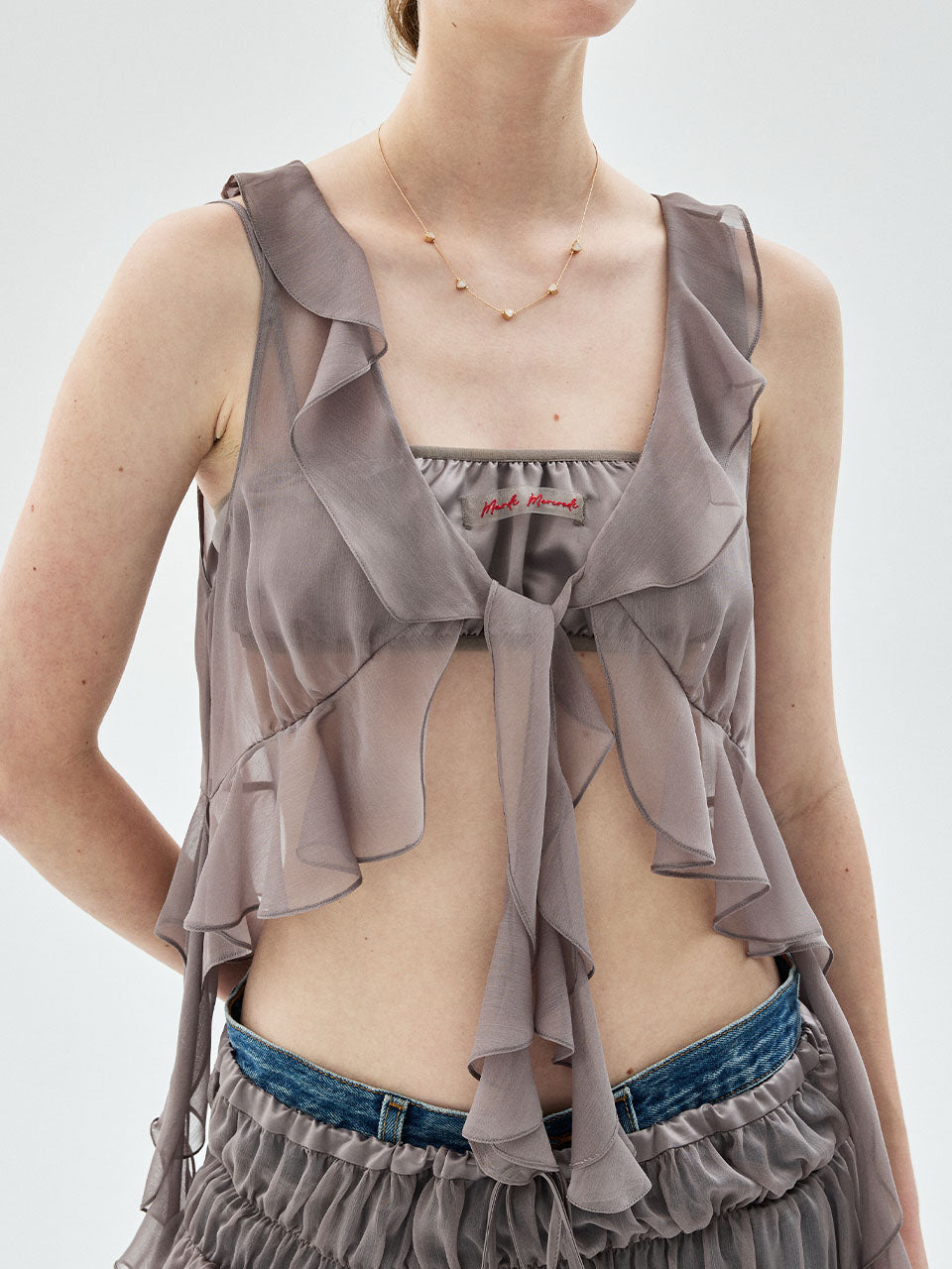 CHIFFON SLEEVELESS VEST FRILL_TAUPE