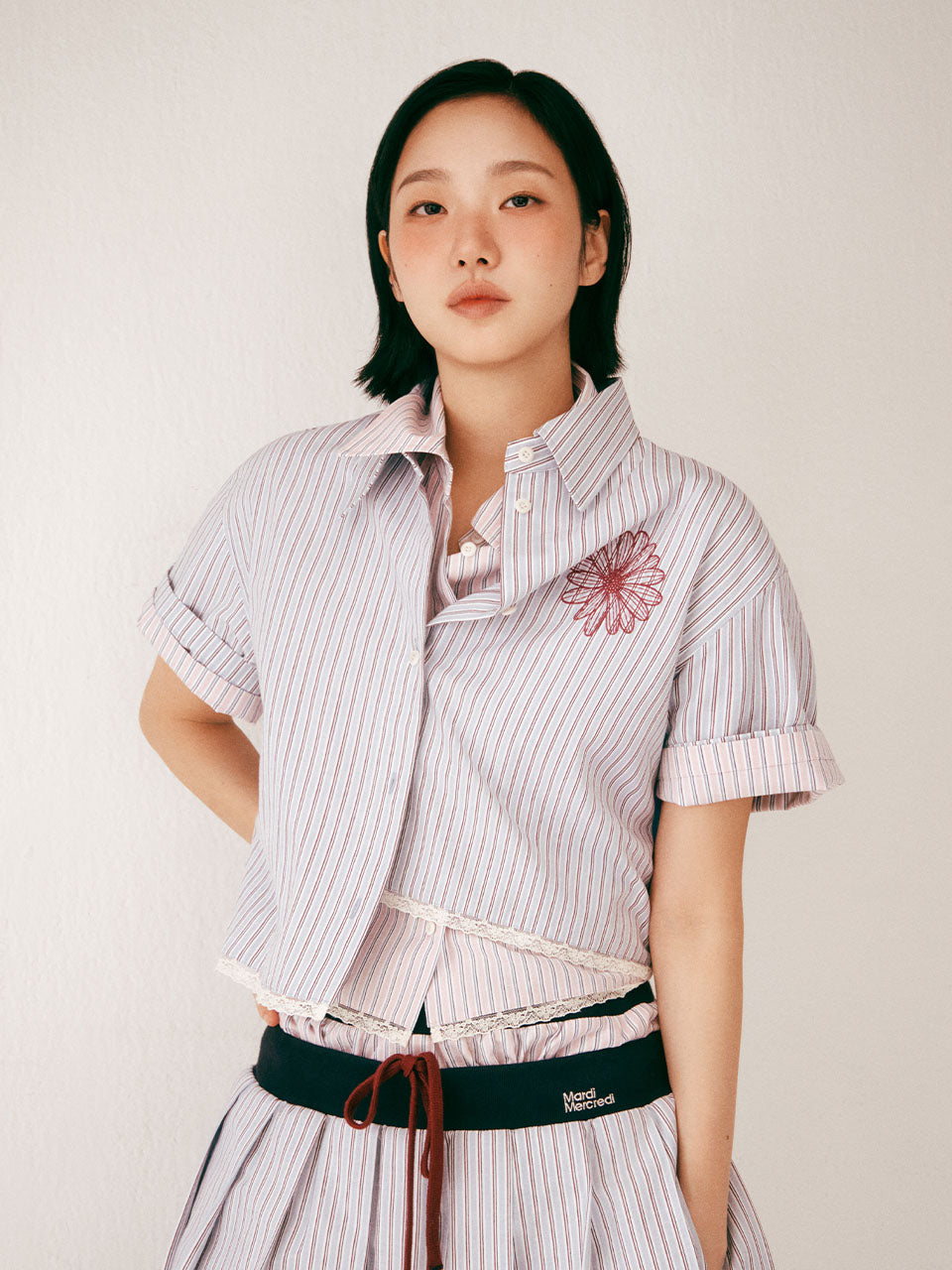 COTTON CROPPED SHIRT HALF SLEEVE STRIPE_BLUE