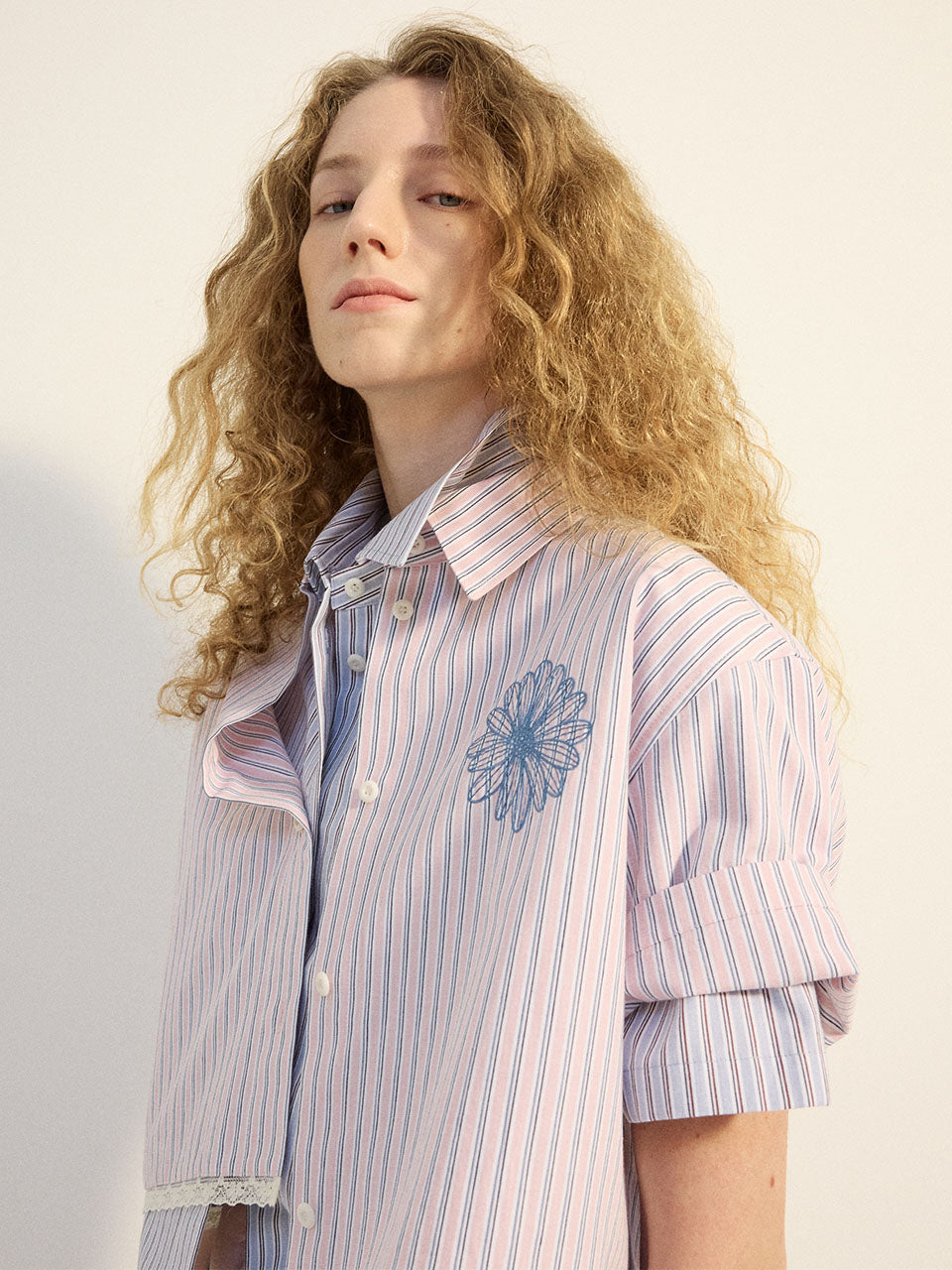 COTTON CROPPED SHIRT HALF SLEEVE STRIPE_PINK