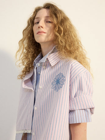 COTTON CROPPED SHIRT HALF SLEEVE STRIPE_PINK