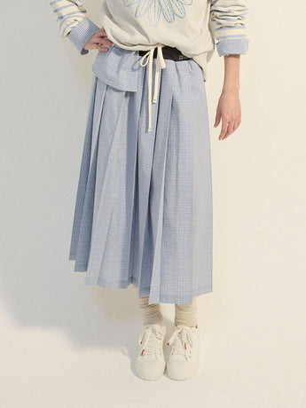 COTTON PLEATED MAXI SKIRT CHECK_MINT