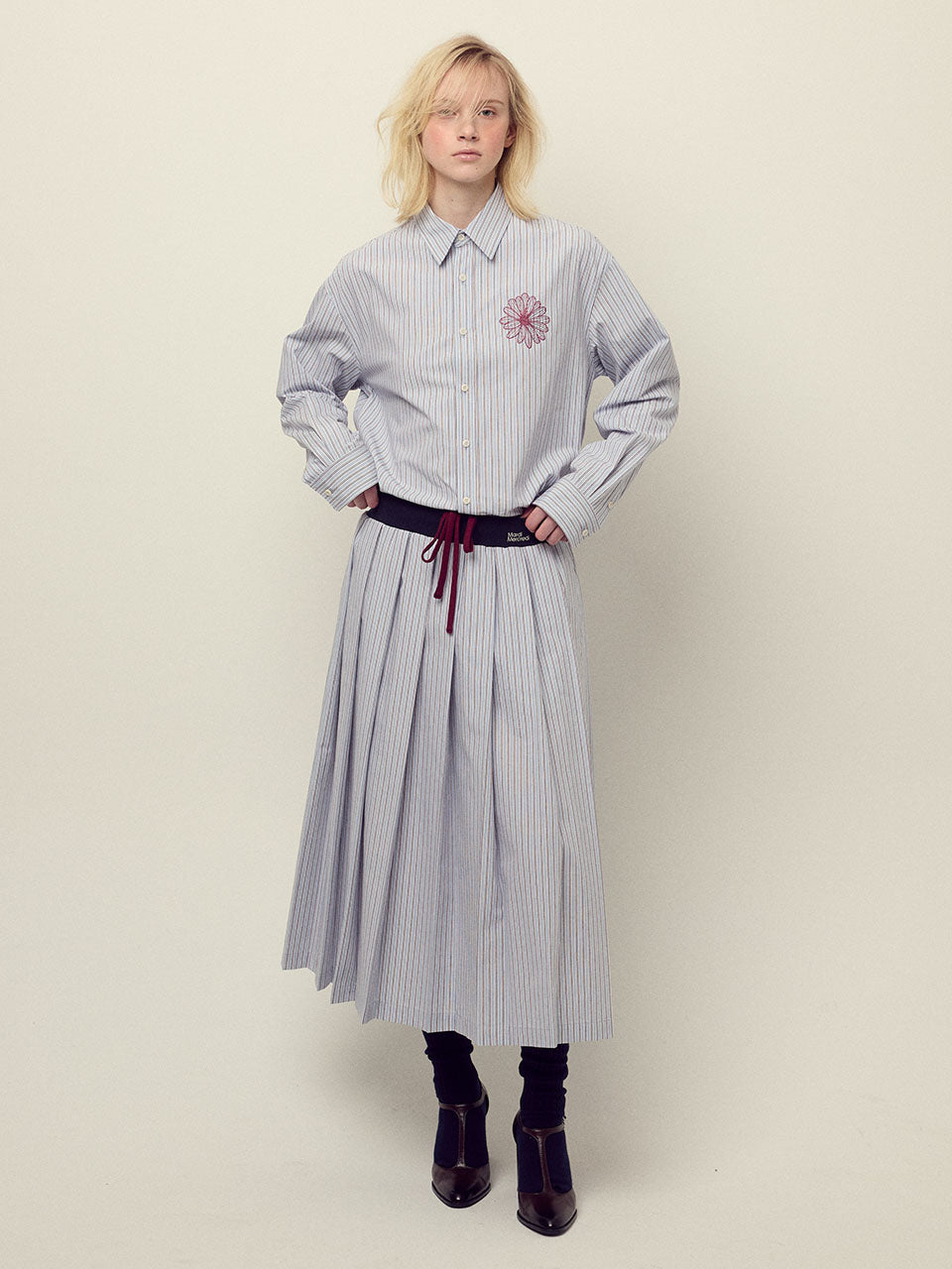 COTTON PLEATED MAXI SKIRT STRIPE_BLUE