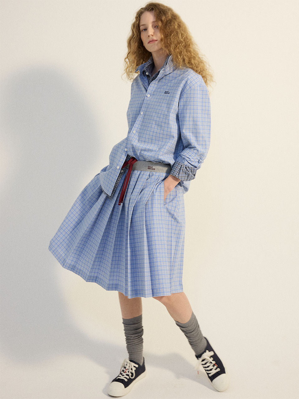 COTTON PLEATED MIDI SKIRT CHECK_BLUE