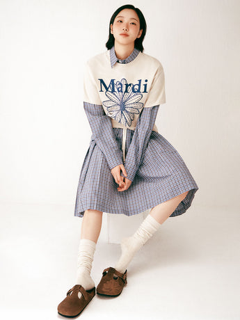 COTTON PLEATED MIDI SKIRT CHECK_NAVY