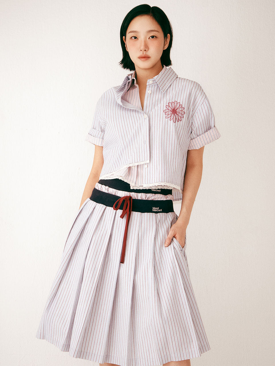 COTTON PLEATED MIDI SKIRT STRIPE_BLUE